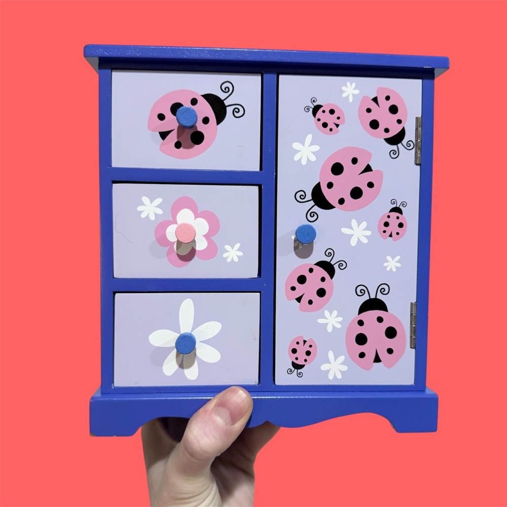 2012 Y2K Vintage Kids Purple Ladybug Jewelry Box w/ Drawers & Spinner